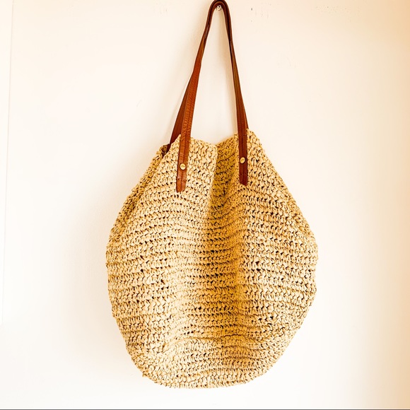 J. Crew Handbags - J.CREW straw and leather hobo slouchy shoulder bag